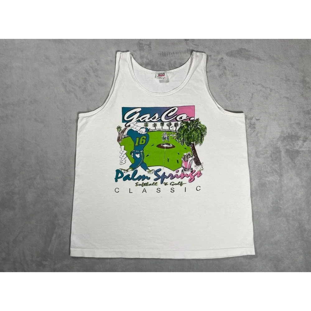 Vintage 1993 Palm Springs Gas Co Tank Top Men L White Golf Made in USA